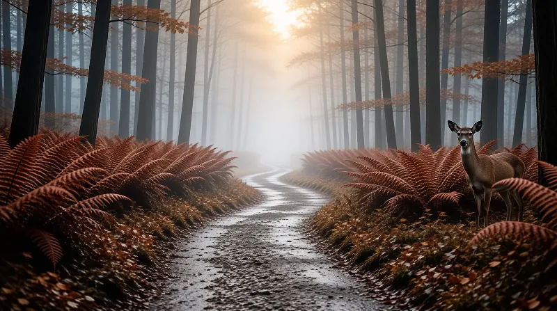 A brown deer stands among rust-colored ferns beside a wet winding path while sunlight filters through tall trees in the fog.