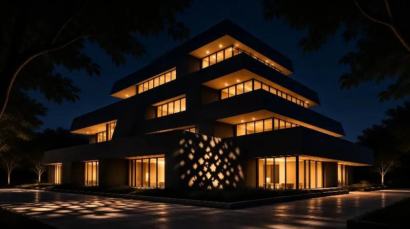 Multi-story building with warm light glowing from windows under a dark blue night sky surrounded by trees.
