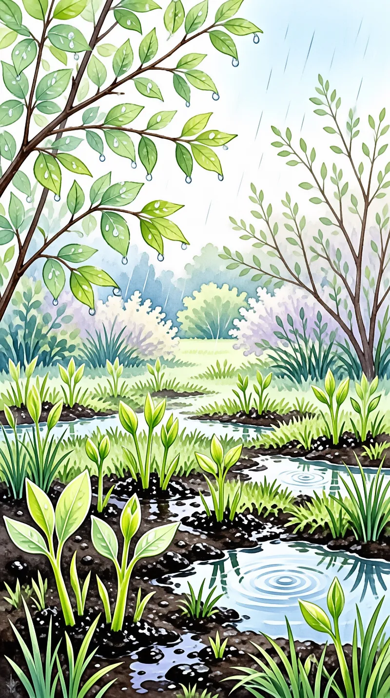A watercolor style illustration depicts lush green tea plants growing in rows alongside filled irrigation channels during a rainy day with raindrops falling from overhanging tree branches