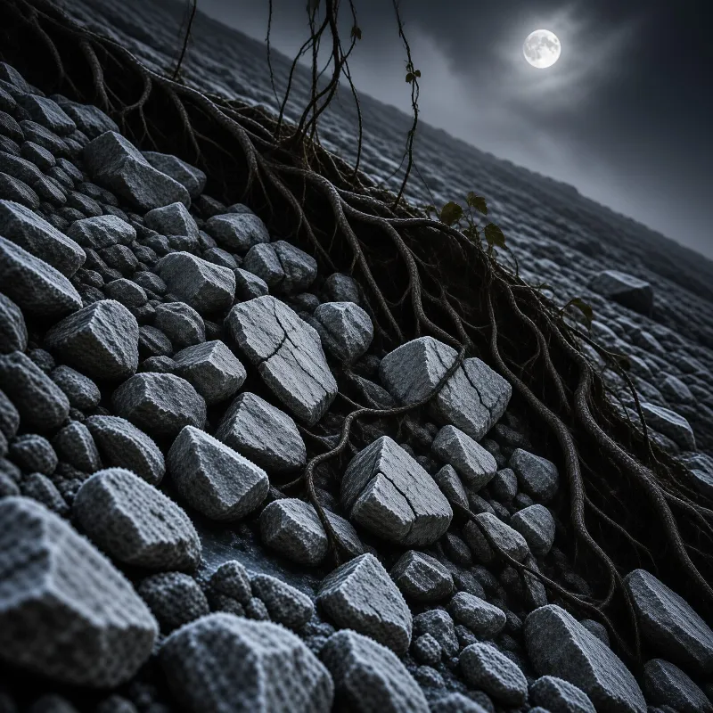 A steep incline of grey gravel and loose rocks is threaded by thick dark tree roots that creep down the surface toward the foreground while a luminous full moon hangs in the cloudy night sky above the distant hillside.