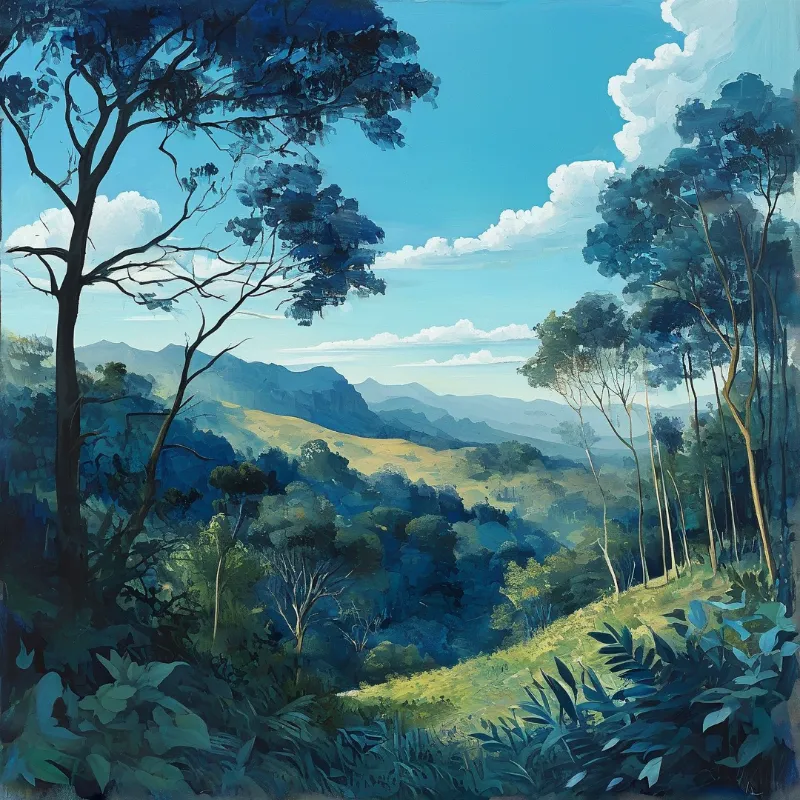 A sweeping landscape featuring layered mountains and dense forests under a vivid blue sky with scattered clouds