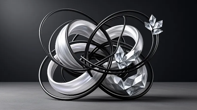 Interlocking black metal rings frame a twisted white form surrounded by faceted transparent gems against a gray backdrop.