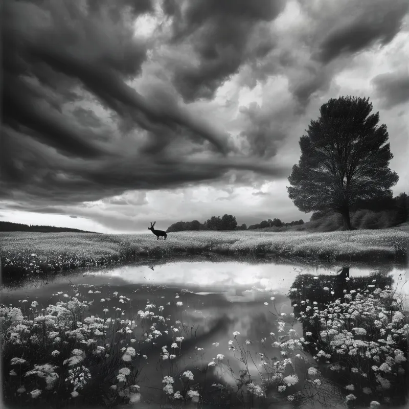 A lone deer stands in a misty field under heavy brooding clouds reflected in a still pond ringed with pale wildflowers