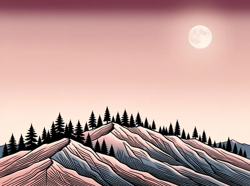 Stylized illustration of snow covered ridges with dark pine silhouettes, a pale full moon above a soft pink gradient sky.