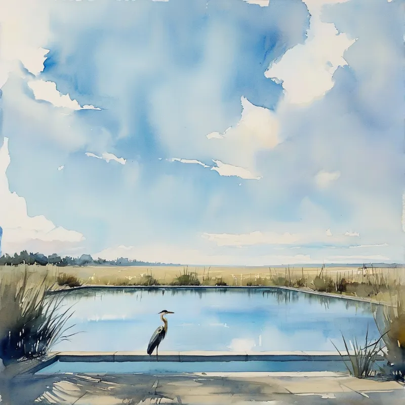 A grey heron stands on the edge of a rectangular pool reflecting a cloudy blue sky in a watercolor painting.