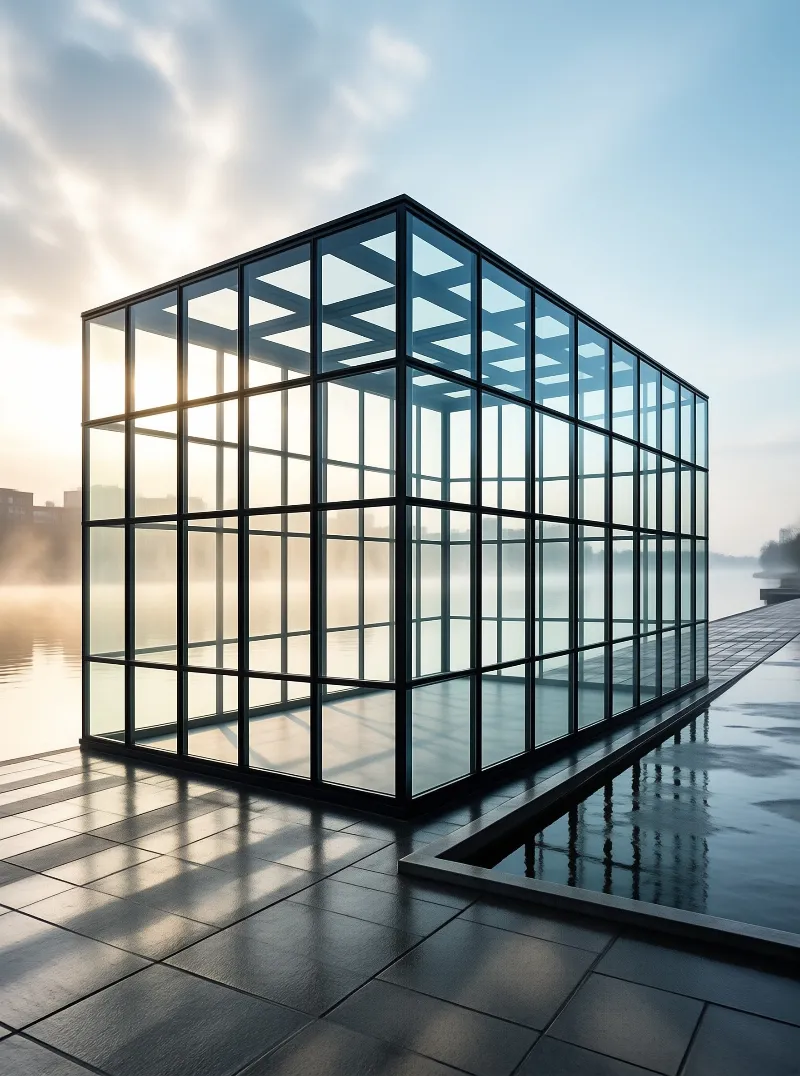 A transparent architectural structure stands on a dark tiled platform next to calm water with fog rolling in.