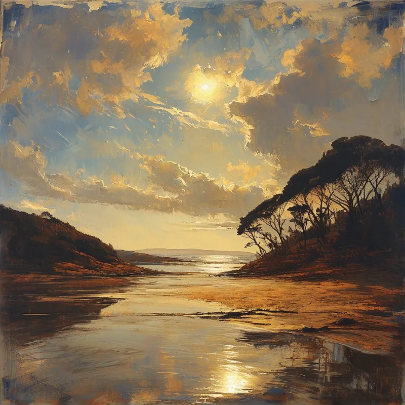 A landscape painting of a quiet bay at sunset with dark trees on the right and golden light reflecting on the water.