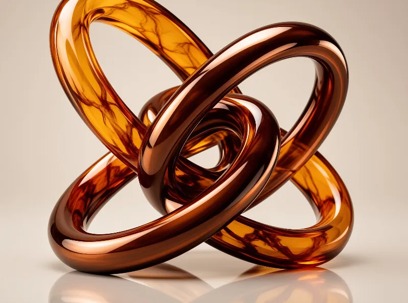 Two glossy copper and amber rings are interlocked above a smooth neutral surface displaying internal swirling patterns.