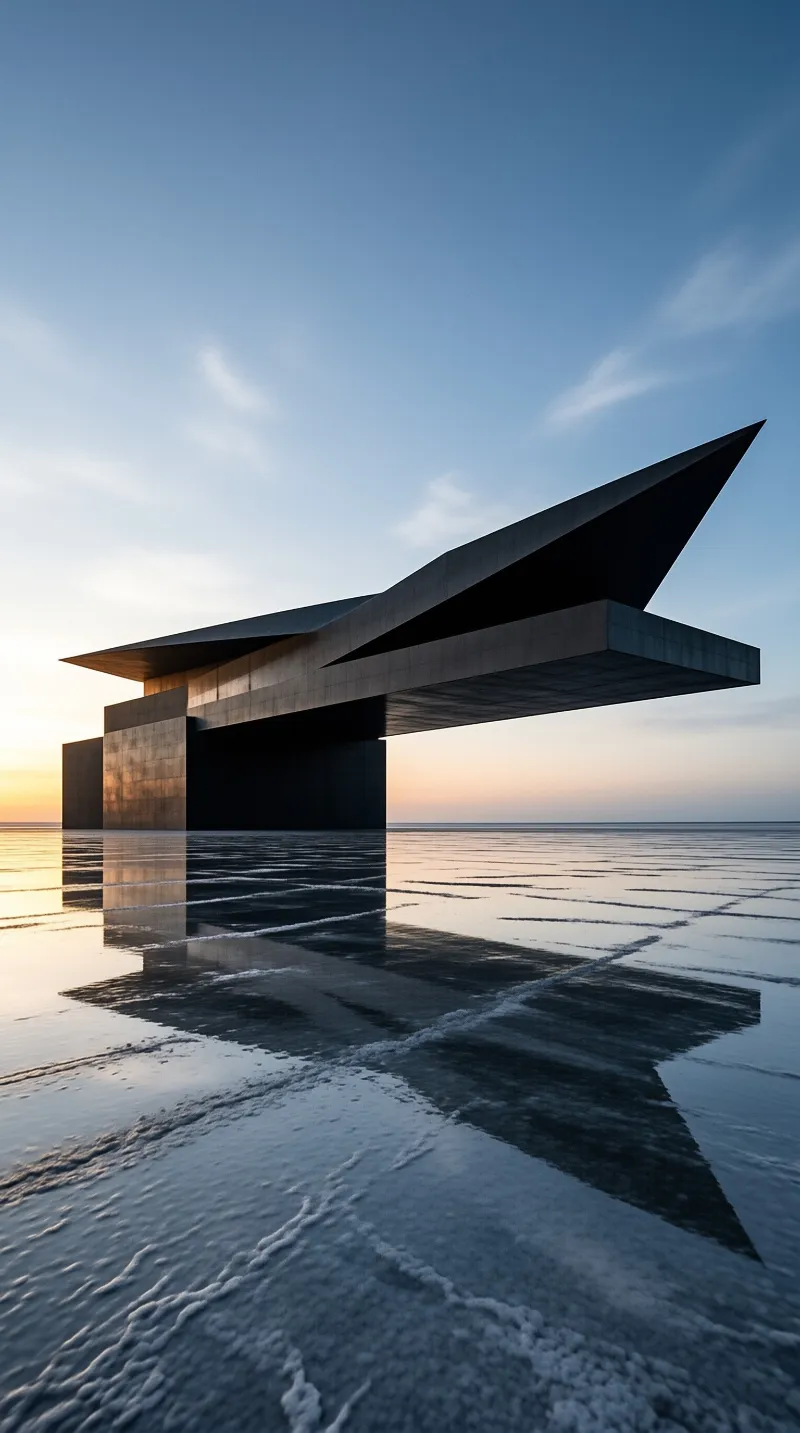A stark building with a sharp angular roof stands isolated on a cracked, mirror-like surface during the soft light of dusk.