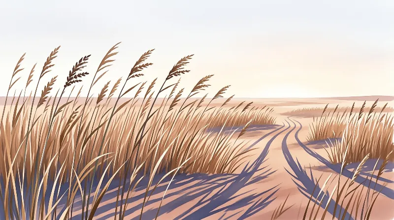 Tall dry grasses line a winding pale dirt road through an open warm arid plain at soft low light.