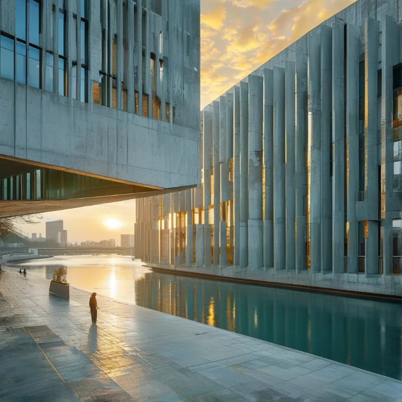 A building with vertical concrete fins overlooks a canal reflecting the warm glow of the sunset sky.