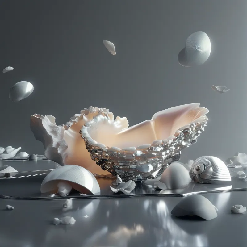 A large iridescent shell-like structure hovers above a dark reflective surface surrounded by floating fragments.