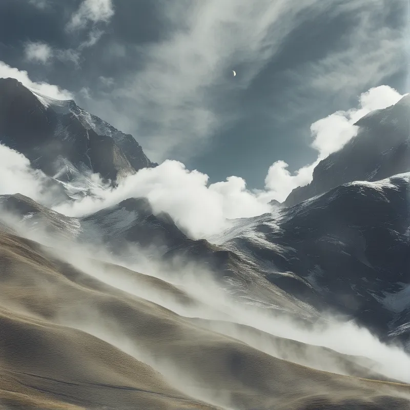 Steep rugged mountain slopes layered with flowing white mist beneath a dark cloudy sky with a thin crescent moon visible