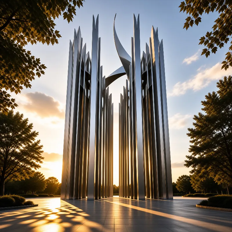 Tall steel structure with vertical elements stands on a paved plaza surrounded by trees under warm sunset light