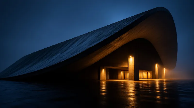 A modern curved structure spans a wet plaza at night, with warm lights reflecting on the ground against a blue sky.