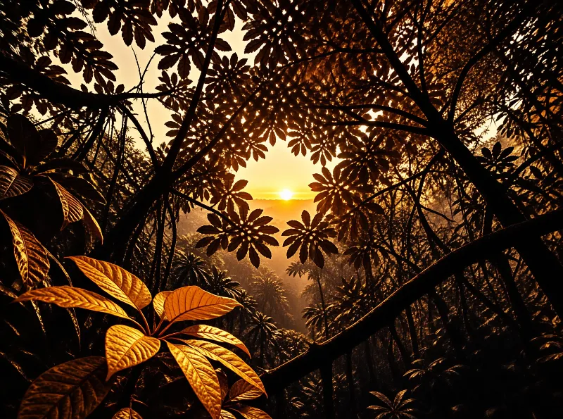 Dense tropical foliage silhouettes against a glowing sunrise above a misty forest landscape.