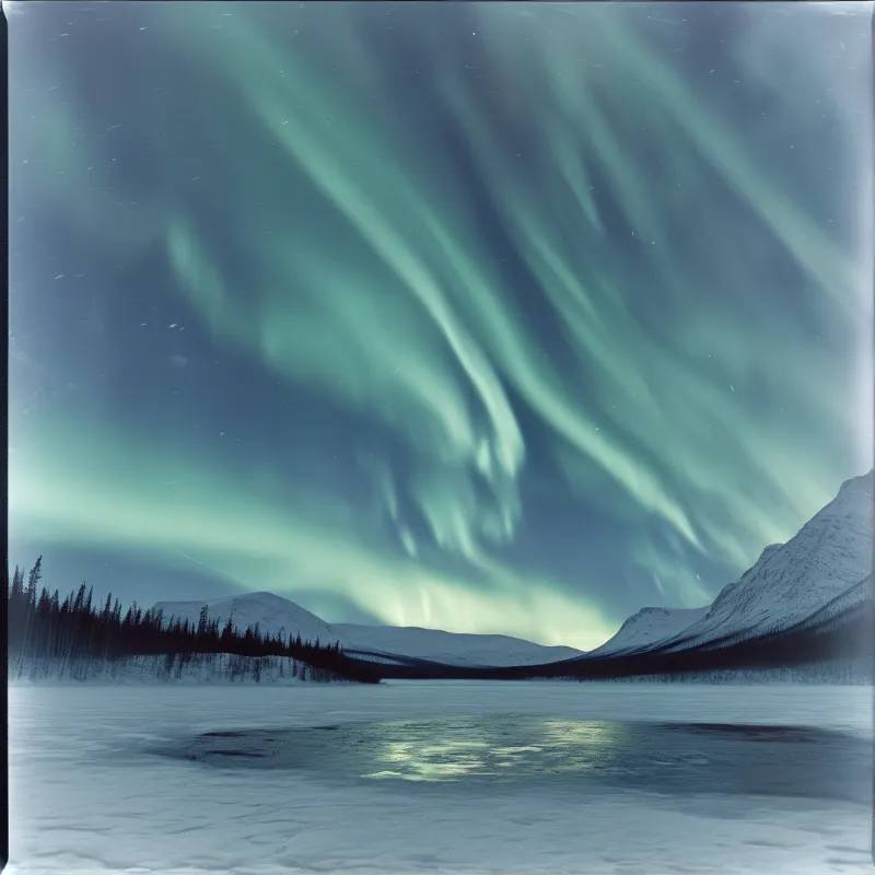 Green aurora curtains stretch over a snowy valley with mountains and dark trees on the left under the night sky.