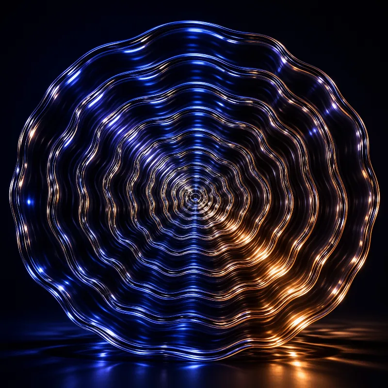 A glossy metallic disc of concentric waves glowing electric blue and warm gold on a dark surface.