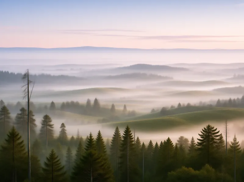 Misty Conifer Dawn Landscape