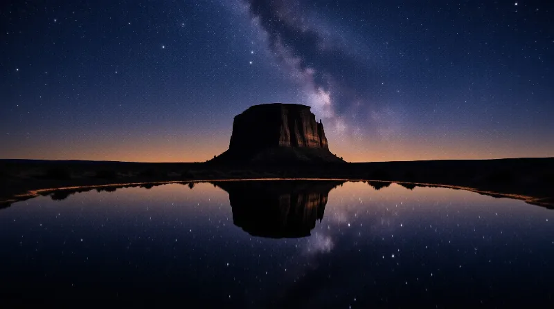 A dark mesa silhouette stands against a violet starry sky with its reflection mirrored in still foreground water.
