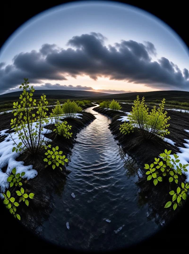 A winding stream cuts across a dark landscape where melting snow lies beside fresh green shrubs beneath a cloudy sky with distant hills.