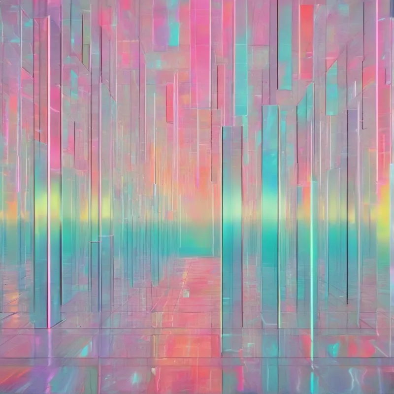 Vertical translucent panels display pink and teal gradients reflecting onto a glossy surface below.