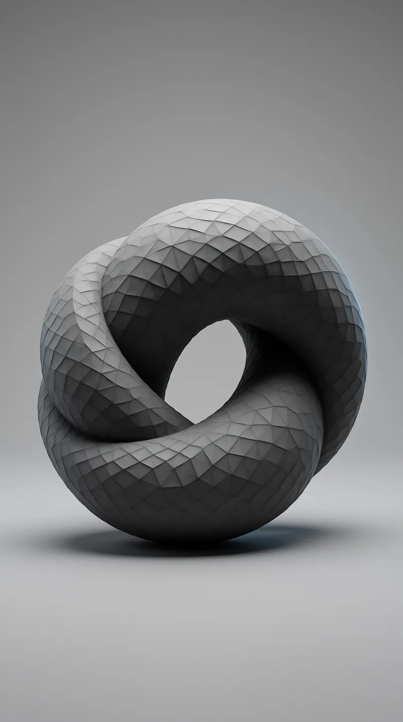 A monochromatic 3D model of a twisted loop structure with a faceted low poly surface sits on a gray background.