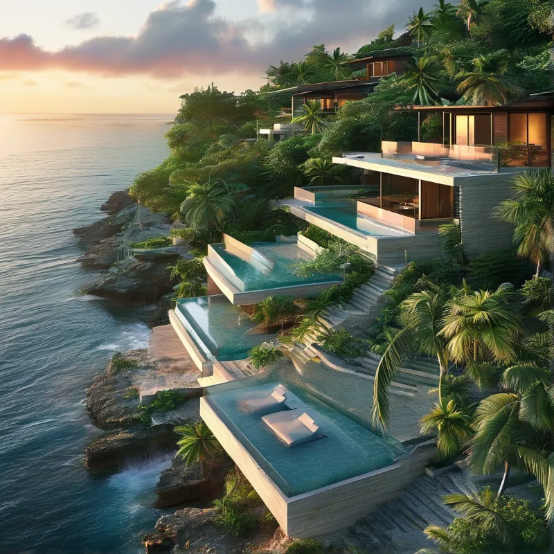 Tiered infinity pools and modern villas step down a lush palm-covered cliff toward a calm sea at golden sunset.