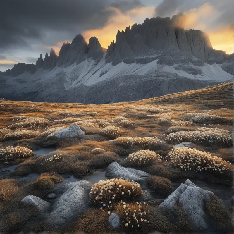 A rugged snow-streaked mountain range rises above a marshy valley dotted with rocks and clumps of dry grass under a dramatic cloudy sky.
