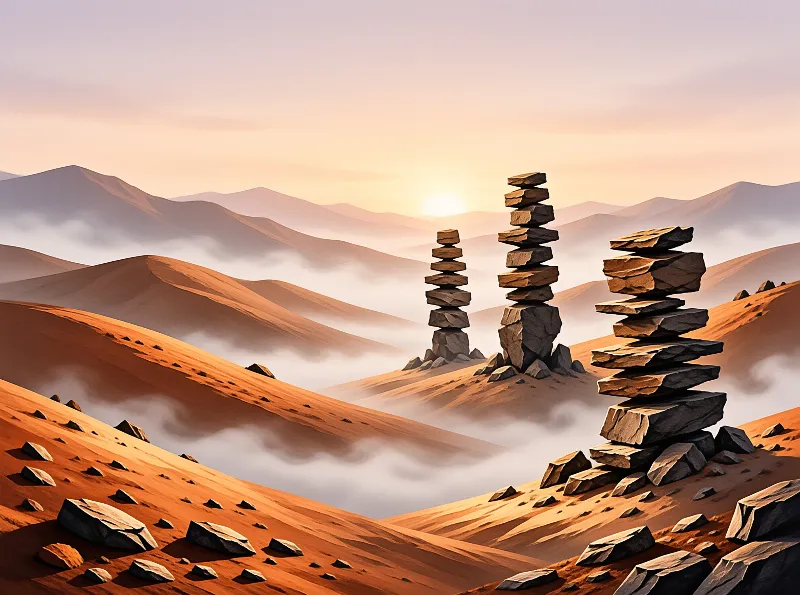 Three stone towers rise from orange sand dunes surrounded by low fog and distant mountains during golden hour.