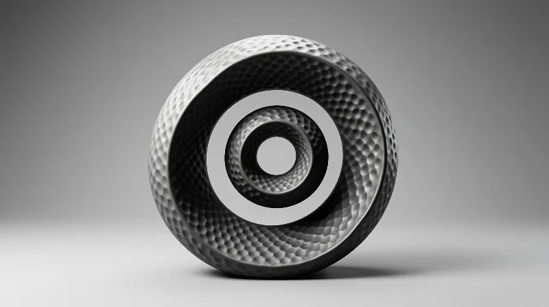 A grayscale golf ball contains an endless recursive hole revealing smaller inner spheres in a studio.