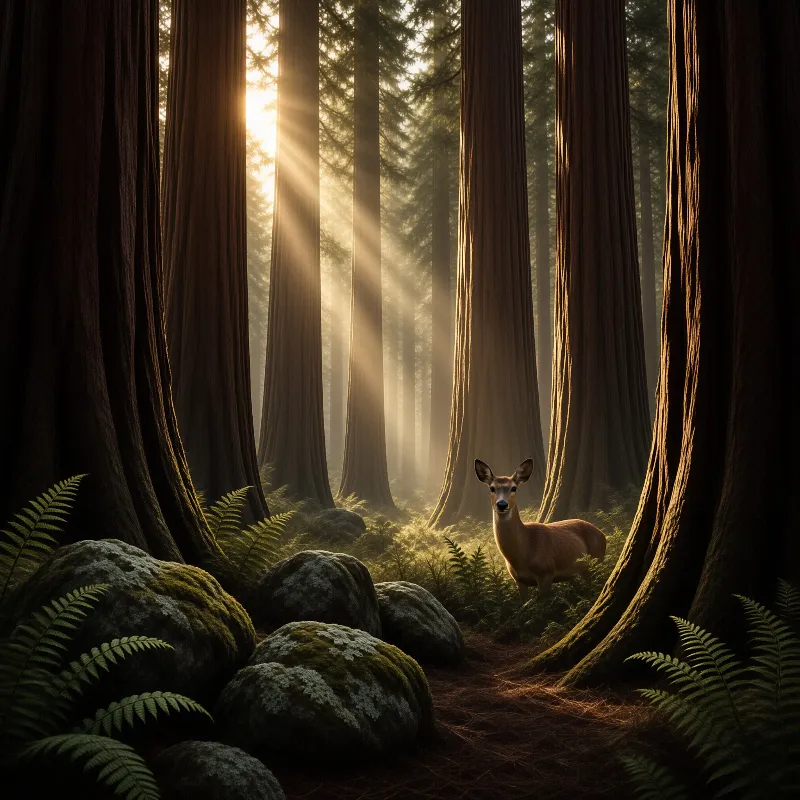 Golden shafts of light fall between towering redwoods as a young deer stands among mossy ferns.