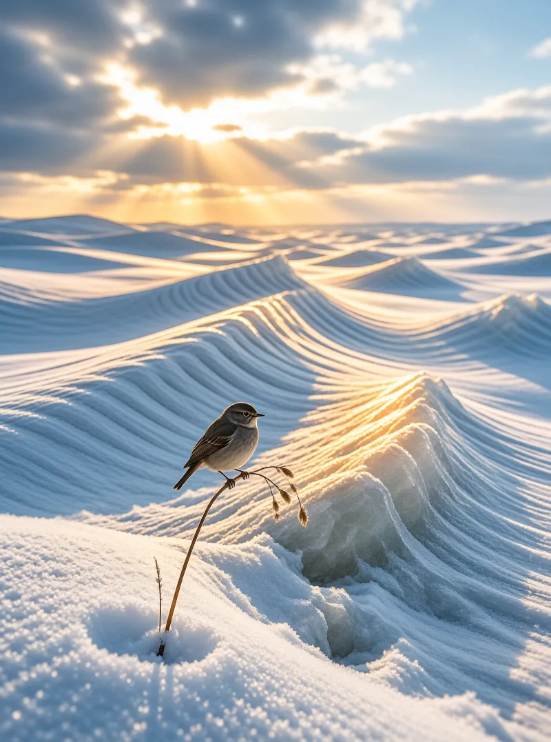 A grey songbird balances on a bent seed stalk while low sun bursts through cloud over sculpted snow dunes.