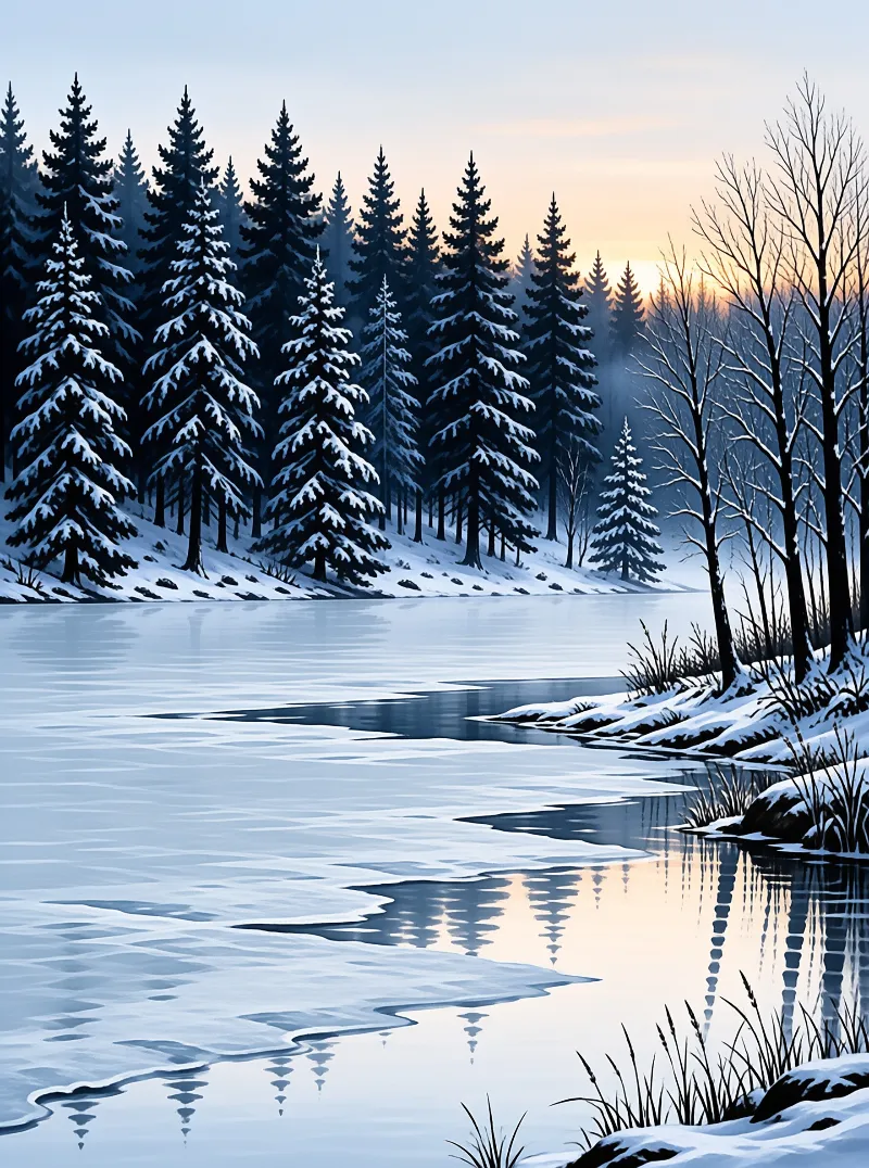 A winter landscape with snow-covered pines and bare trees beside a partially frozen lake under a sunset sky.