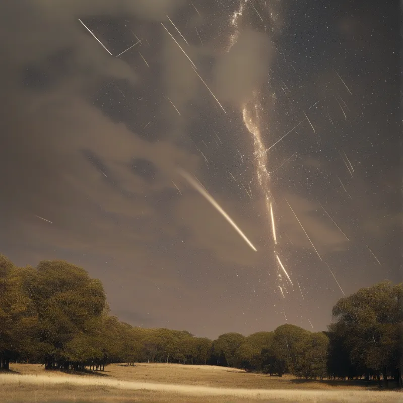 Bright meteor trails streak across a sepia toned night sky above a line of trees and a grassy meadow.