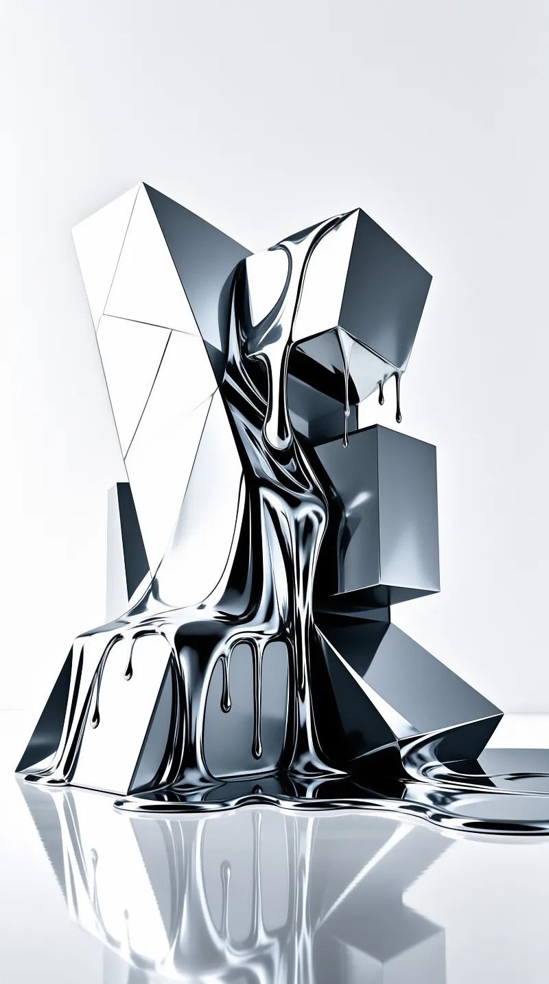 Reflective silver geometric shapes appear to be melting into a pool on a bright white studio floor.