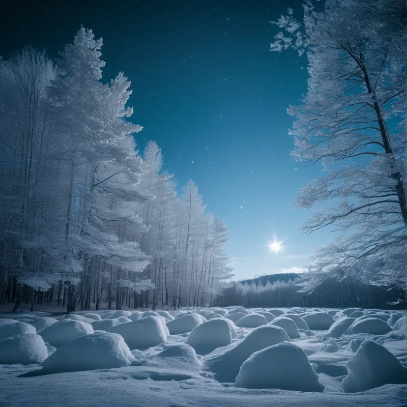 Frost covered conifers frame a snowy clearing where rounded drifts glow under a bright starburst moon.