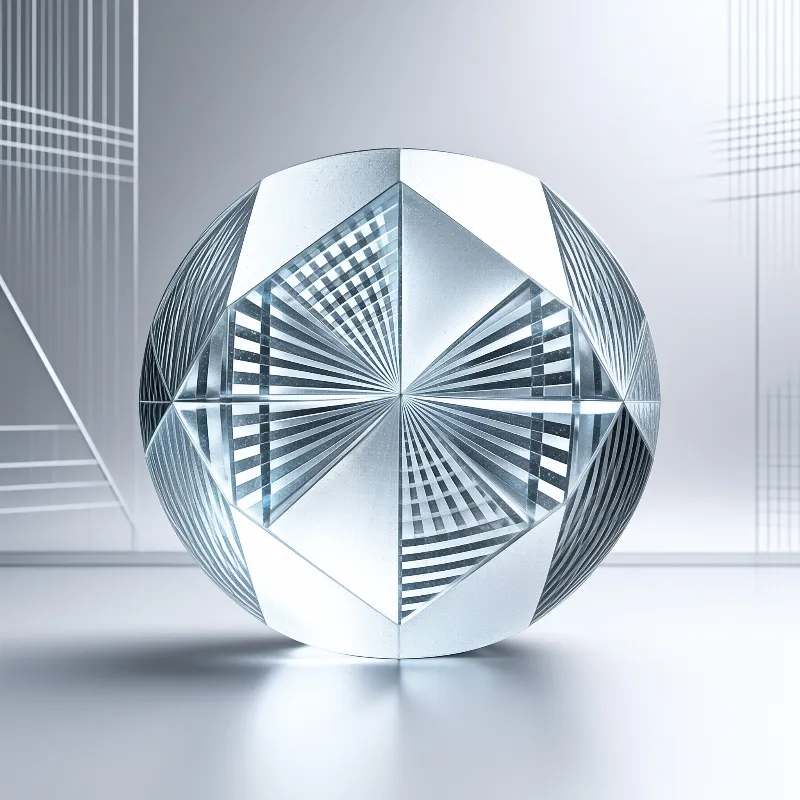 A polished metal ball covered in triangular mirror facets sits on a pale studio floor with fine grid lines behind it.