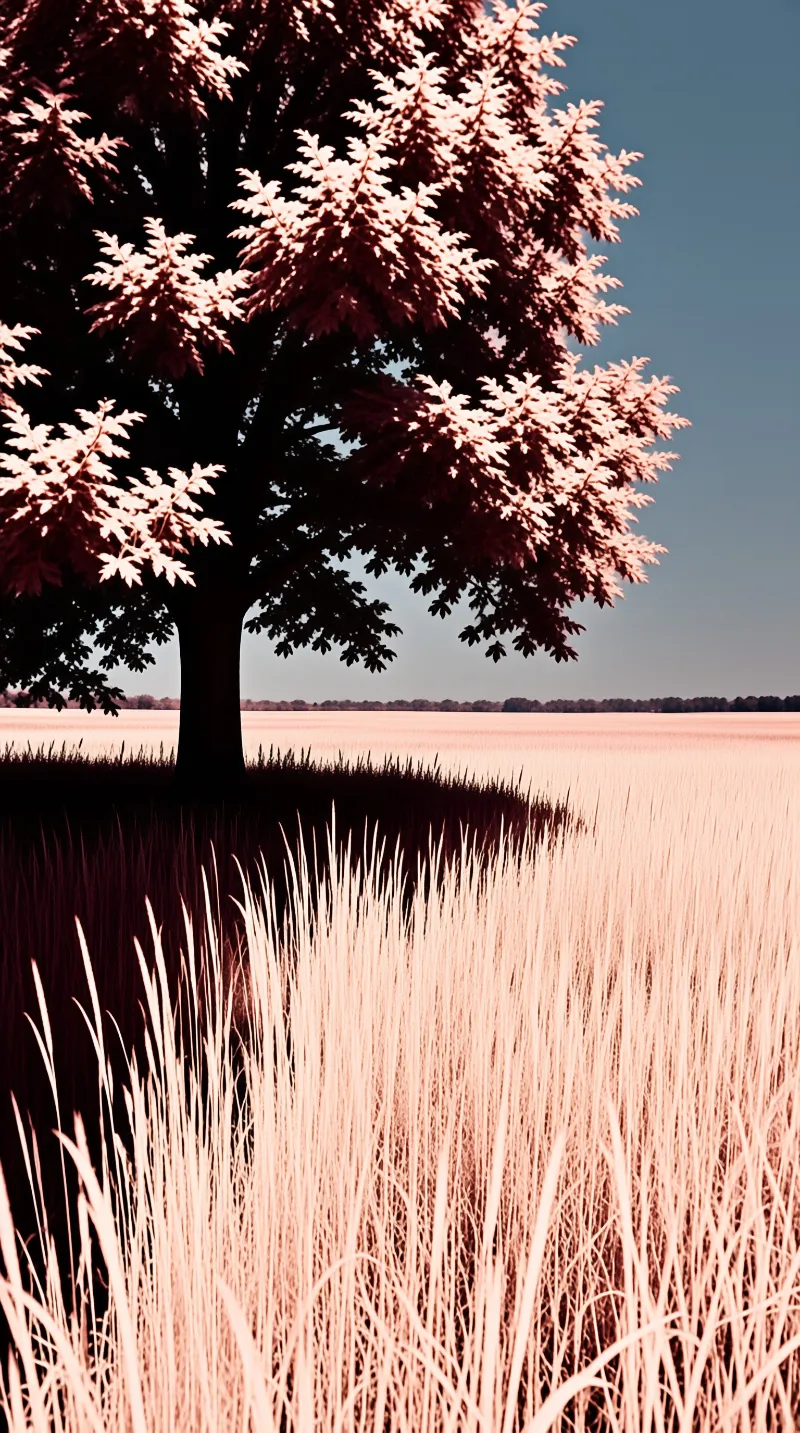 A single broad tree with pale pink leaves stands over a field of tall dry grass beneath a clear teal sky.