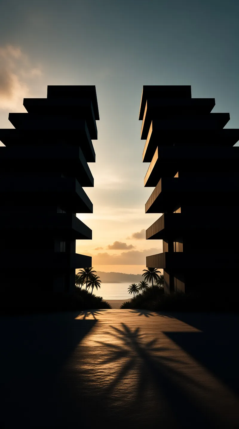 Two dark structures frame a distant ocean sunset while palm shadows stretch across the path.