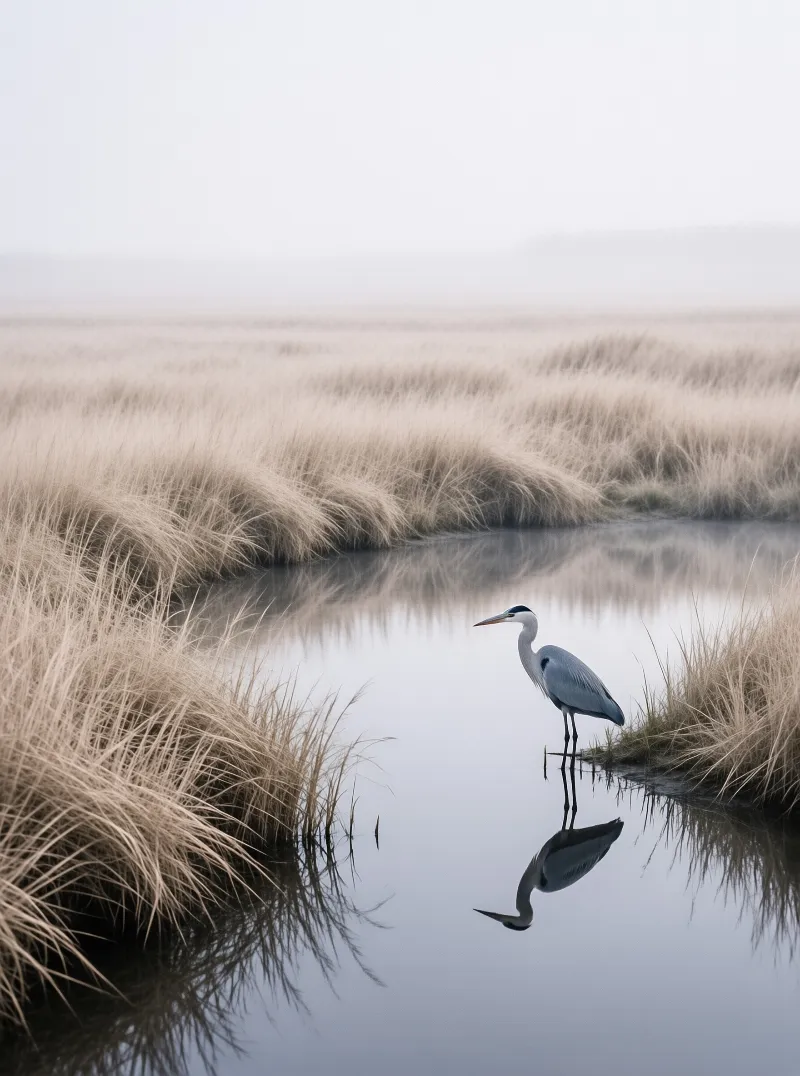 A solitary grey heron stands in calm water surrounded by tall dry grasses under a foggy sky.