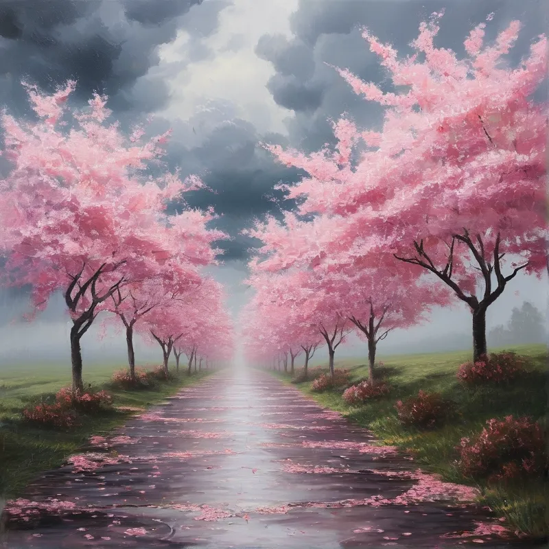 Pink cherry blossom trees line a wet road covered in fallen petals under heavy dark storm clouds over misty grassy fields.
