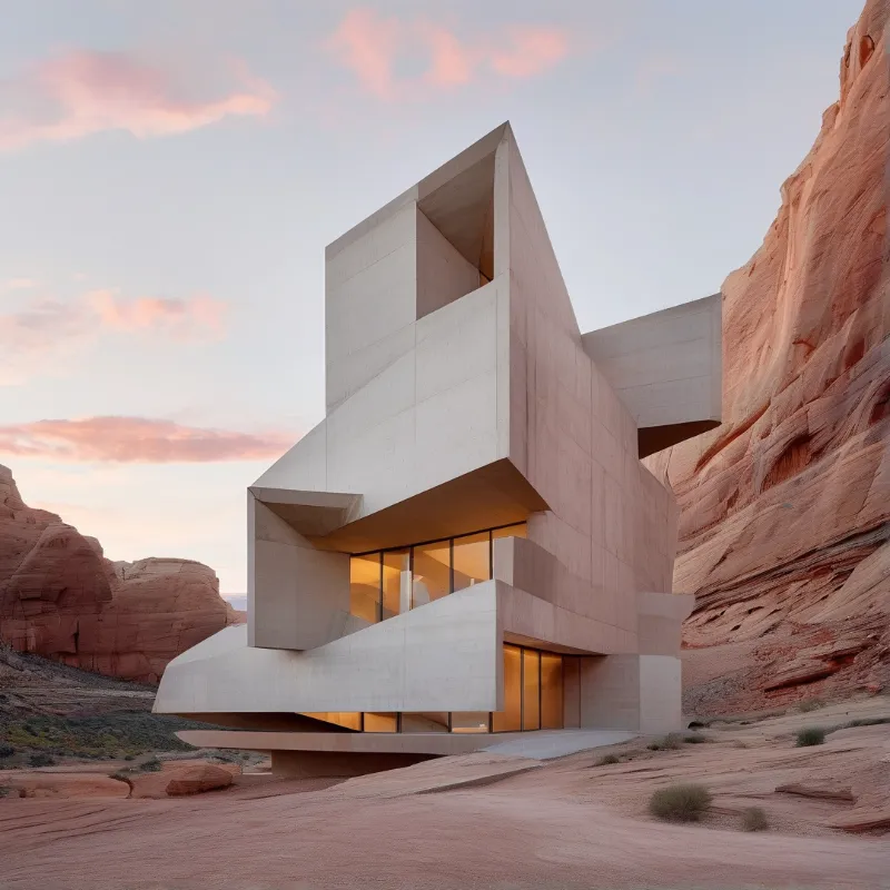 A modern geometric structure stands nestled between towering red sandstone cliffs under a soft pink twilight sky.
