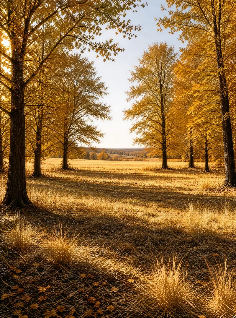 A scenic autumn landscape with tall trees bearing golden leaves, a wide grassy field stretching to the horizon, and warm sunlight creating long shadows across the ground.
