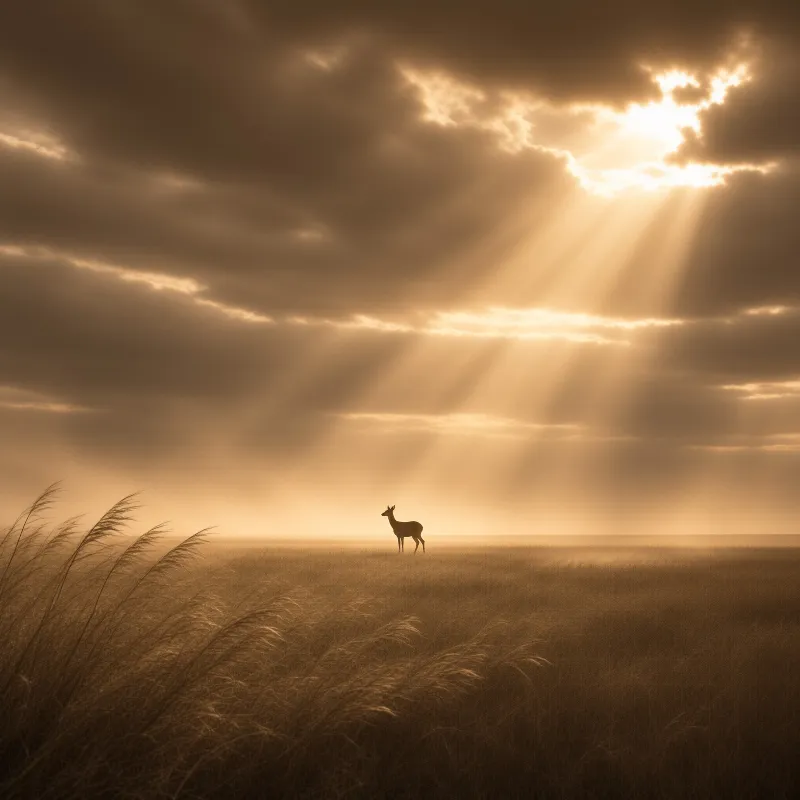 A single deer stands in tall grass beneath dramatic rays of sunlight breaking through a cloudy sky.