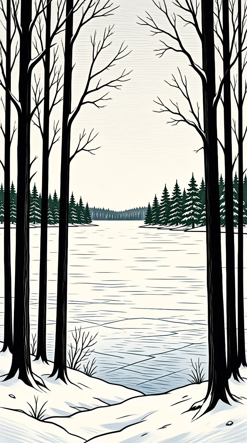 Stylized bare birch trunks frame a frozen snow covered lake with evergreen trees on the opposite shore.