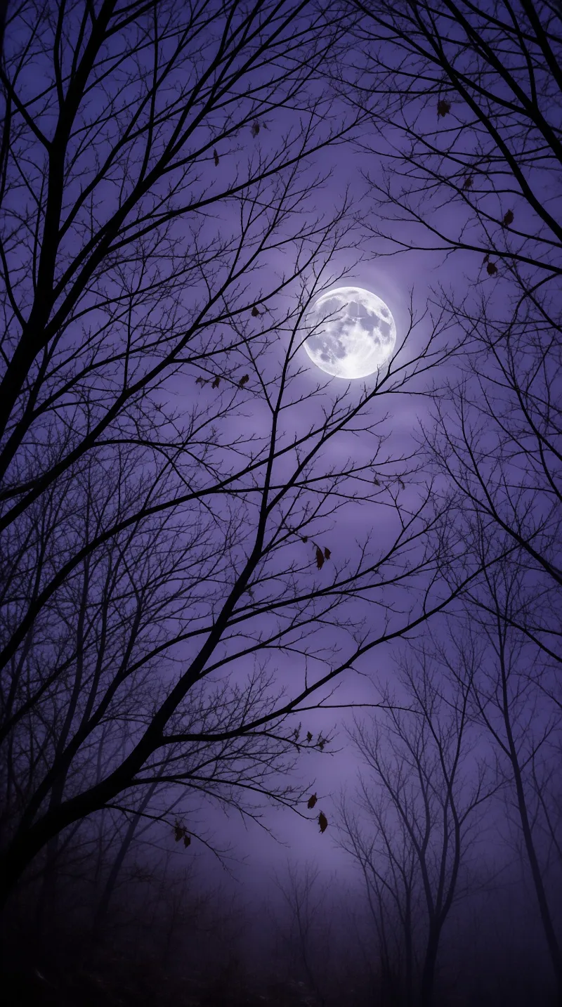 A luminous full moon glows brightly behind the dark silhouettes of bare tree branches set against a deep violet evening sky.