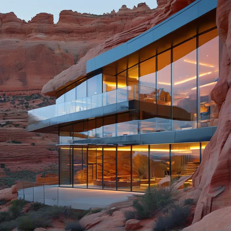 Cantilevered glass floors with amber interior light slot between sandstone walls above a desert slope