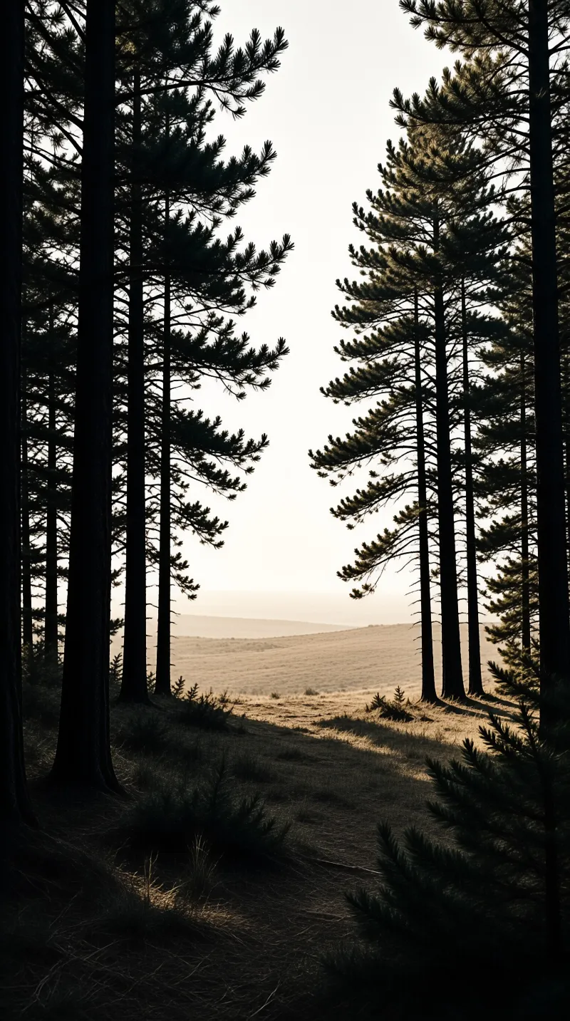 Tall dark pine trees on the edges frame a view of a rolling grassy hill under a soft bright sky.