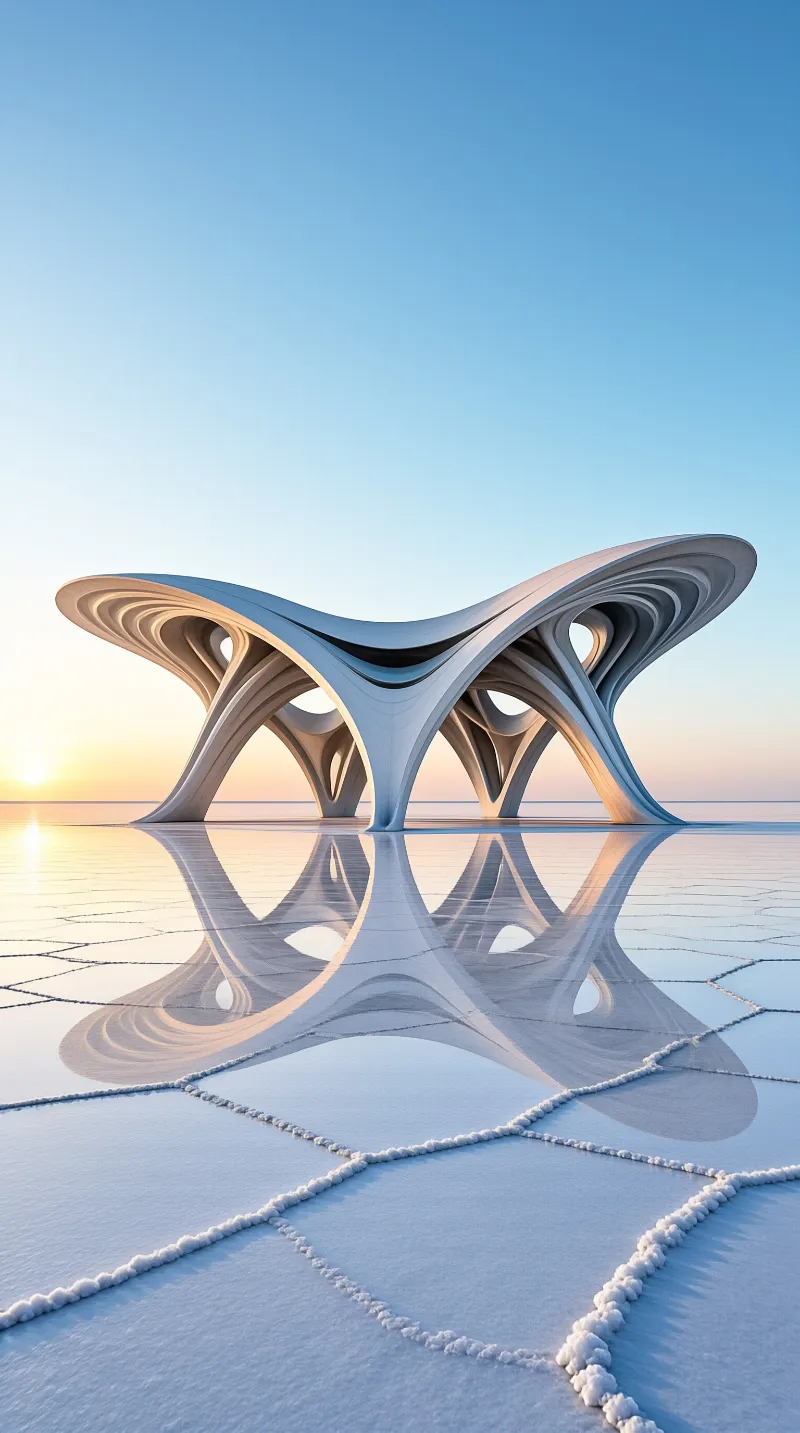 A sleek white architectural form with undulating curves rests upon a cracked salt flat, mirroring perfectly in the reflective surface while the rising sun bathes the left side in warm gold against the cool blue sky.
